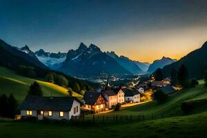 a village in the mountains at sunset. AI-Generated photo