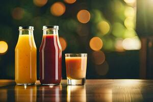 Tres botellas de jugo y un vaso de jugo en un mesa. generado por ai foto