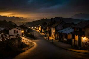 photo wallpaper the sky, mountains, road, houses, the dark, the night, the sky. AI-Generated
