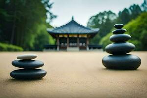 a group of stones in front of a pagoda. AI-Generated photo