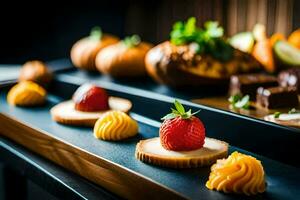 un postre bandeja con Fruta y otro postres generado por ai foto