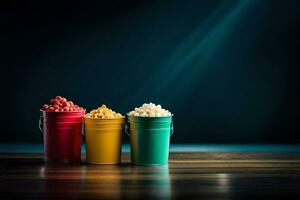 three buckets of popcorn on a dark table. AI-Generated photo