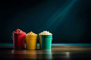 Tres cubos de palomitas de maiz en un oscuro mesa. generado por ai foto