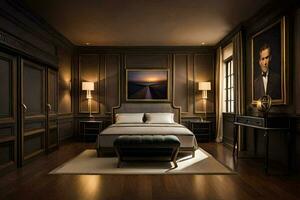 a bedroom with dark wood walls and a bed. AI-Generated photo