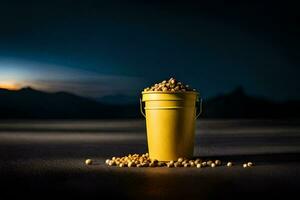 a yellow bucket filled with soy beans on a table. AI-Generated photo