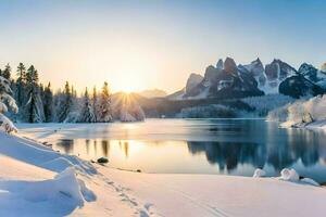 photo wallpaper the sky, snow, mountains, lake, the sun, winter, the dol. AI-Generated