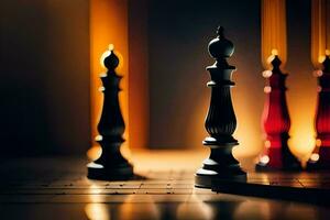 chess pieces on a board with a red and black king. AI-Generated photo