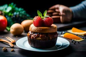 a cupcake with strawberries and chocolate on a plate. AI-Generated photo