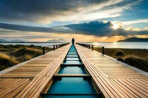 a man standing on a wooden walkway over a body of water. AI-Generated photo