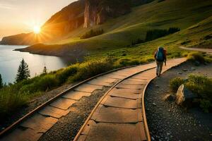 un hombre camina a lo largo un ferrocarril pista en el montañas. generado por ai foto