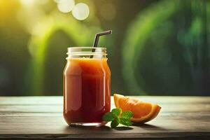 a glass jar with orange juice and a slice of orange. AI-Generated photo