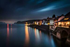 a long exposure photo of a town on the water. AI-Generated