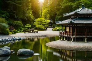 un japonés pagoda se sienta en el medio de un estanque. generado por ai foto