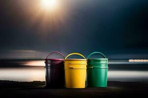 three colorful buckets sitting on the beach at night. AI-Generated photo