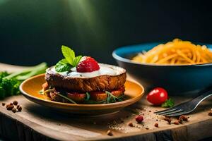 a plate with a sandwich and a bowl of pasta. AI-Generated photo