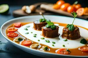 un plato de carne y vegetales con salsa. generado por ai foto