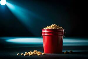 a red bucket filled with peanuts on a dark background. AI-Generated photo