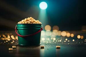 a bucket filled with popcorn on a table. AI-Generated photo