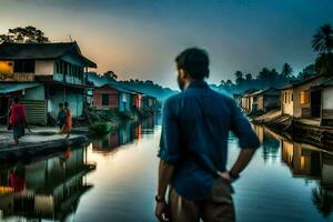 a man standing in front of a river with houses. AI-Generated photo