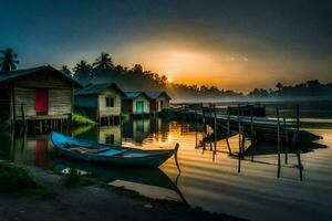 a boat sits on the water at sunset. AI-Generated photo