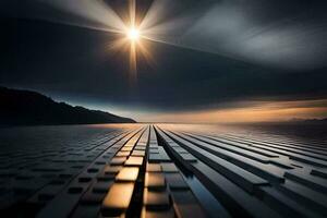 a long exposure photograph of a dark sky and a long exposure of a long line of blocks. AI-Generated photo