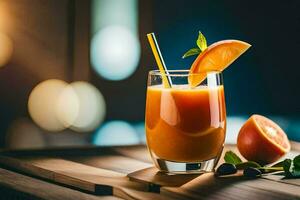 an orange juice with a straw and slices of fruit. AI-Generated photo