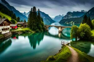 un puente terminado un lago en el montañas. generado por ai foto