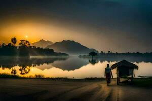 a man walks along the shore of a lake at sunrise. AI-Generated photo