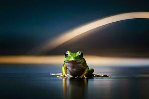 a frog sitting on the floor in front of a light. AI-Generated photo