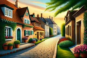 an oil painting of a street in a village. AI-Generated photo