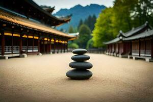 a stack of rocks in front of a building. AI-Generated photo