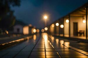 a long walkway with lights on the street. AI-Generated photo
