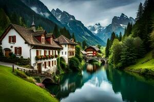 the house is surrounded by a river and mountains. AI-Generated photo