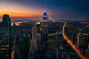 the empire state building is lit up at sunset. AI-Generated photo