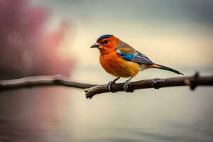 a colorful bird sits on a branch near water. AI-Generated photo