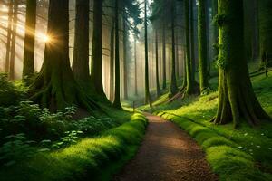 un camino mediante un verde bosque con arboles y césped. generado por ai foto