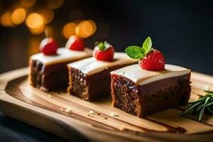 three pieces of chocolate cake with strawberries on a wooden cutting board. AI-Generated photo