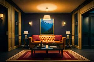 un vivo habitación con un sofá, lámpara y cuadro. generado por ai foto