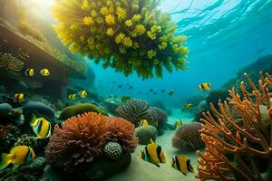 an underwater scene with coral reefs and fish. AI-Generated photo