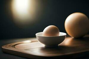 two eggs sit in a bowl on a wooden tray. AI-Generated photo