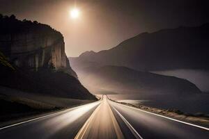 a long exposure photo of a road with a mountain in the background. AI-Generated