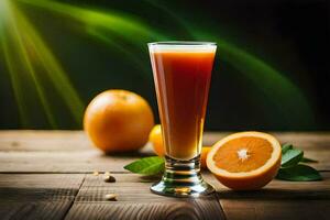 orange juice in a glass on a wooden table. AI-Generated photo