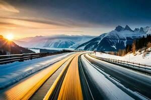 a highway in the winter with snow and mountains. AI-Generated photo