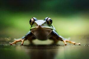 a frog with big eyes and a green background. AI-Generated photo
