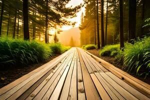 wooden path in the forest at sunset. AI-Generated photo