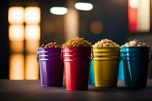 four colorful buckets of popcorn on a table. AI-Generated photo