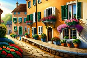 a painting of a street with flowers and plants. AI-Generated photo