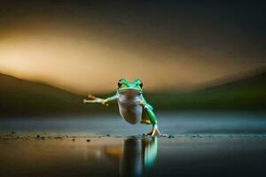 a frog jumping on the ground with its legs spread. AI-Generated photo