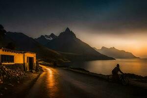 a man riding his bike down a road in front of a mountain. AI-Generated photo