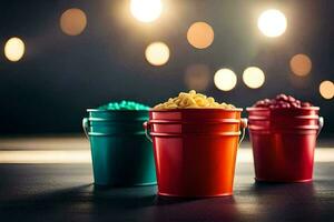 three buckets of popcorn on a table. AI-Generated photo